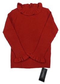 Nové - červený žebrovaný úpletový svetr s volánky St. Bernard