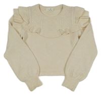Smetanový vlněný crop svetr se vzorem a volánky H&M