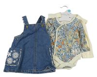 Nové - 3Set - Modré cargo riflové šaty s květy George + 2x - smetanové body Tu