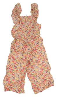 Růžový květovaný lehký culottes overal s volánky a páskem F&F
