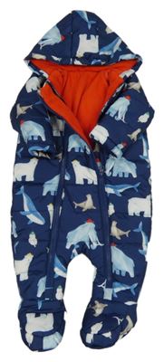 Tmavomodrá šusťáková zateplená kombinéza s arktickými zvířaty a kapucí St. Bernard