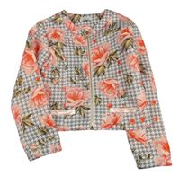 Šedo-bílá kostkovaná podšitá crop bunda s květy