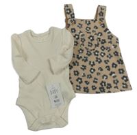 Nové - 2set - Béžové vzorované fleecové laclové šaty + světlebéžové žebrované body George