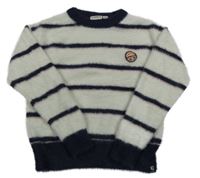 Světlešedo-tmavomodro-růžový pruhovaný chlupatý svetr s výšivkou Garcia