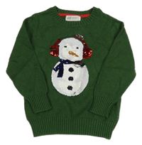 Tmavozelený svetr se sněhulákem z překlápěcích flitrů H&M