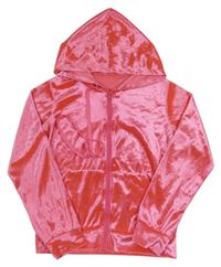 Neonově růžová sametová propínací mikina s kapucí