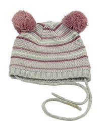 Šedo-růžovo-bílá pruhovaná pletená čepice s bambulemi Ergee