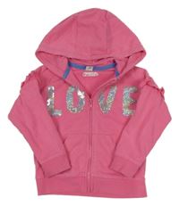 Růžová propínací mikina s nápisem z flitrů a kapucí Tu