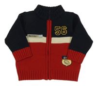 Tmavomodro-červeno-smetanový propínací svetr s číslem