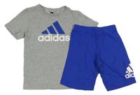 2set - Šedé melírované tričko s logem + modré bavlněné kraťasy Adidas