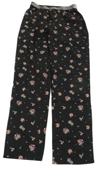 Černé květované lehké kalhoty