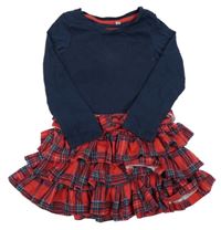 Tmavomodro-červené bavlněné šaty s kostkovanou vrstvenou sukní Bluezoo