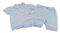 2 set - Světlemodro-bílé kostkované pletené polo tričko + pletené kraťasy 
