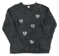 Šedý chlupatý svetr se srdíčky z flitrů Yigga