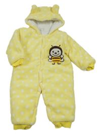 Žlutá chlupatá puntíkatá zateplená kombinéza s vosou a kapucí 
