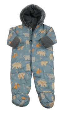 Šedomodrá šusťáková zimní kombinéza se zvířátky a kapucí Nutmeg