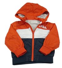 Červeno-bílo-tmavomodrá šusťáková jarní bunda s potiskem a kapucí H&M