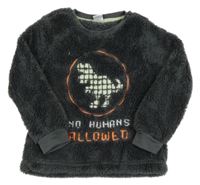 Antracitová chlupatá mikina s dinem a nápisy 