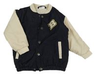 Tmavomodro-béžová šusťáková zateplená baseballová bunda s písmenem