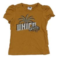 Okrové tričko s nápisem a gepardem 