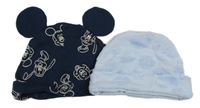 2set - Tmavomodrá čepice s Mickeym a kamarády + světlemodrá čepice s velrybami 