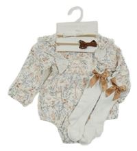 Nové - 4set - Bílo-šedo-růžové květované mušelínové body + podkolenky s mašlemi + 2x čelenka s mašlemi