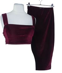 2set - Dámský vínový sametový žebrovaný crop top + pouzdrová sukně Boohoo 