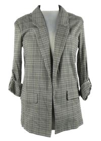 Dámský šedo-černý kostkovaný sakový cardigán s rolovacími rukávy 