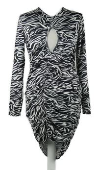 Nové -Dámské černo-bílé vzorované šaty s řasením a průstřihem