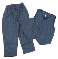 2 set - tmavomodro-modré kostkované kalhoty  + tmavomodro-modrá vesta