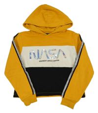 Hořčicovo-bílo-černá mikina s nápisem NASA a kapucí 