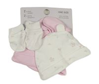 4set - 2x čepice + 2x rukavice - světlerůžová + smetanová s kytičkami Dunnes stores 