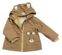 Hnědá nepromokavá jarní bunda s medvědem a kapucí Tu