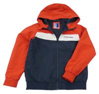 Červeno-bílo-tmavomodrá šusťáková jarní bunda s kapucí Jack & Jones