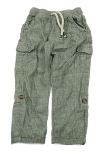 Khaki melírované lněné roll-up kalhoty Tu