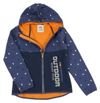 Tmavomodro-vzorovaná softshellová bunda s nápisem a kapucí 