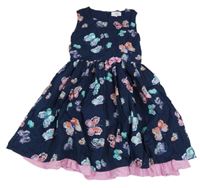 Tmavomodré plátěné šaty s motýly