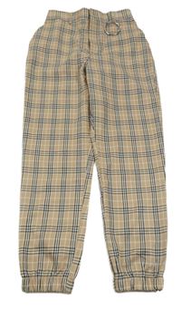 Béžovo-bílo-černé kostkované lehké cuff kalhoty 