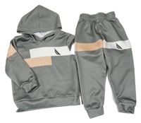 2set - Khaki-bílo-béžová mikina s potiskem a kapucí + tepláky 
