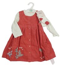 Nové - 3set - lososové manšestrové šaty + bílé body + punčocháče M&S