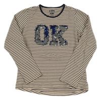 Pudrovo-tmavomodré pruhované triko s nápisem z flitrů Tchibo