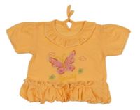 Oranžové žebrované tričko s motýlkem a volánky 