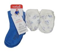 Nové - 2set - Modré ponožky s Paddingtonem + bílé rukavice se žirafami