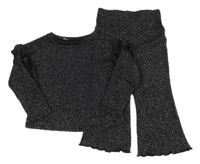 2set -  Černé třpytivé úpletové triko s volánky + zvonové kalhoty Primark 