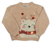 Broskvový žinylkový oversize svetr s medvídkem C&A