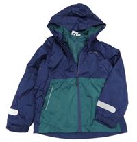 Tmavomodro-smaragdová šusťáková funkční jarní bunda s nápisy a kapucí crane