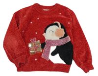 Červený melírovaný žinylkový svetr s tučňáčky a dárkem z flitrů C&A