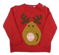 Červený pletený svetr se sobem a blikátkem a medodií lupilu