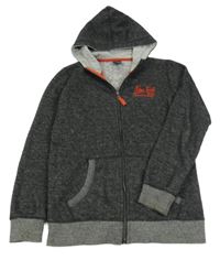 Černo-antracitová melírovaná propínací mikina s nápisy a číslem a kapucí Chapter young