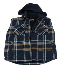 Tmavomodro-hnědo-bílo-modrá kostkovaná zateplená košilová vesta s kapucí 